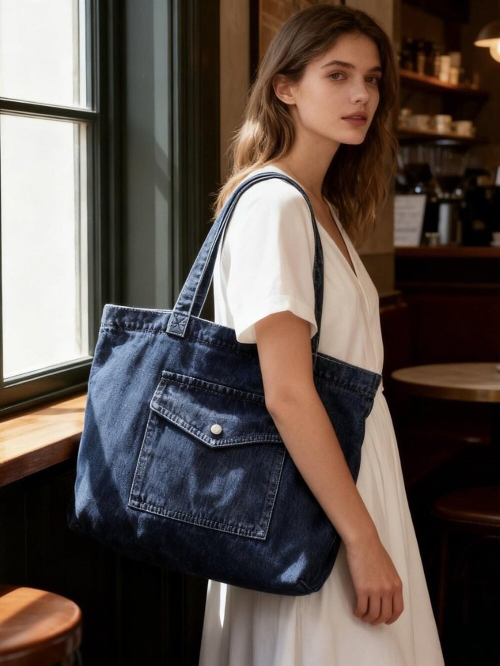 Denim Tote Bag for Women, Large Vintage Denim Purse Handbag with Zipper,for